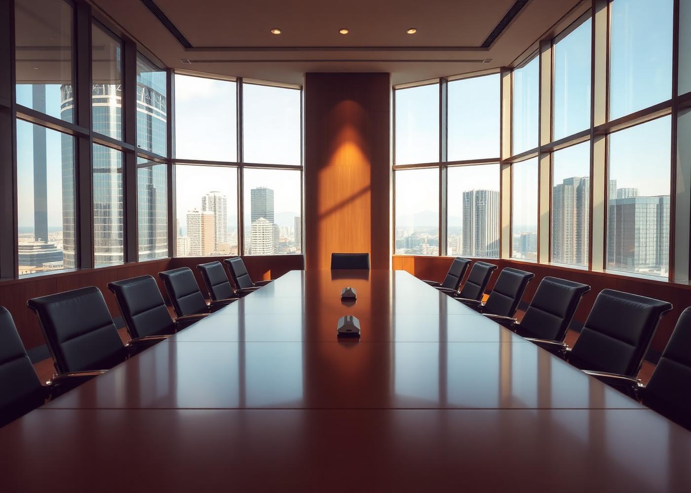 Corporate boardroom overlooking an African commercial district