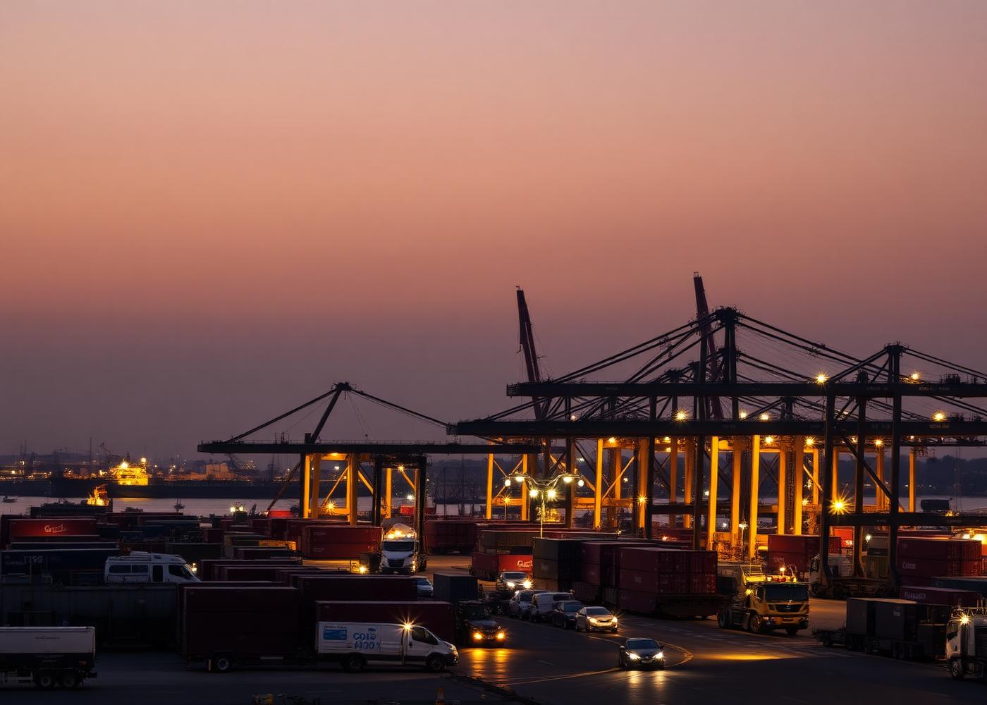 Container port and logistics infrastructure at dusk